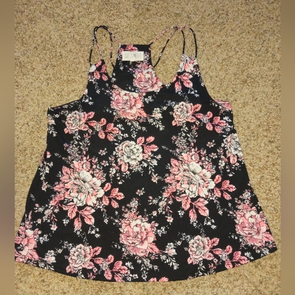 Sweet Wanderer, Women's Black Sleeveless Shirt w/ Pink Floral Pattern, Size L